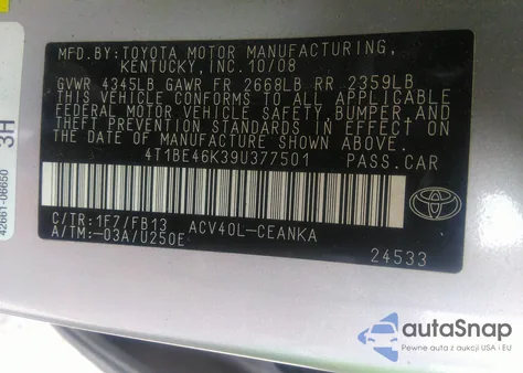 2009 Toyota Camry из США, поврежденный, VIN 4T1BE46K39U377501